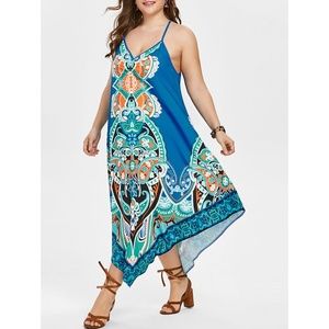 Plus Size Low Cut Tribal Print Dress - Ocean Blue